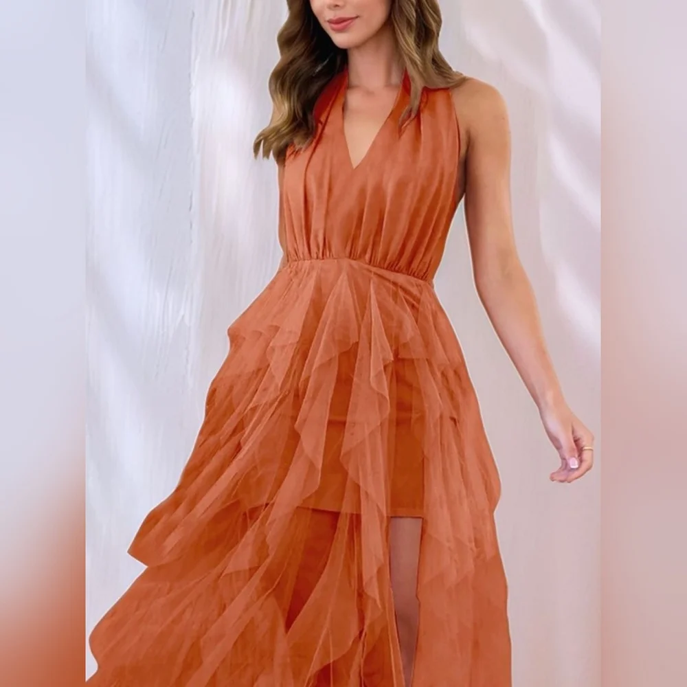Chic Halter Maxi Dress in Vibrant Pumpkin Orange With Side Slit - Picture 4 of 8